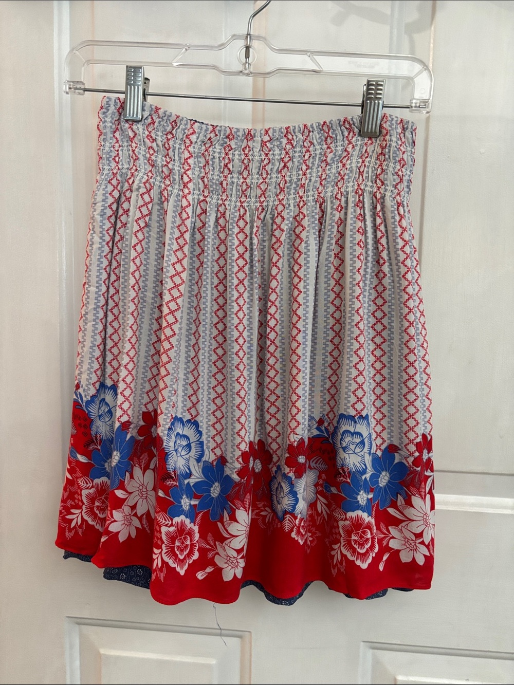 Reversible Red Floral Border Smocked Mini Skirt